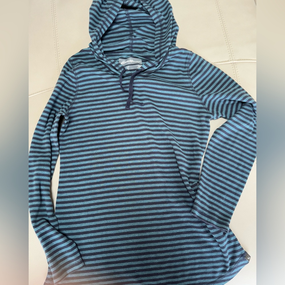 Eddie Bauer teal and blue striped pullover hoodie